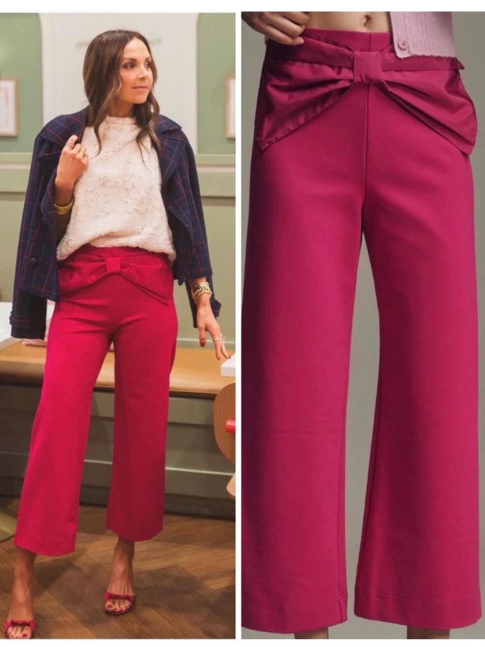 Anthropologie Colette Bright Fuchsia Pink Wide-Leg Bow Waist Cropped Pant 32 NWT